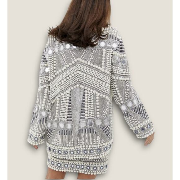 ASOS Edition Embellished Pearl & Bead Heavyweight Jacket Gray Size US 8 - Picture 2 of 16